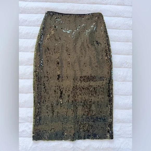Zara Moss Green Sequin Midi Skirt XS Party Night Out Glam - Picture 2 of 8